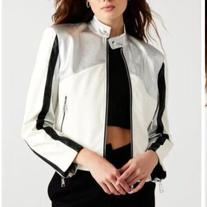 Steve Madden Helayna Faux Leather Silver/cream/black Moto jacket size small
